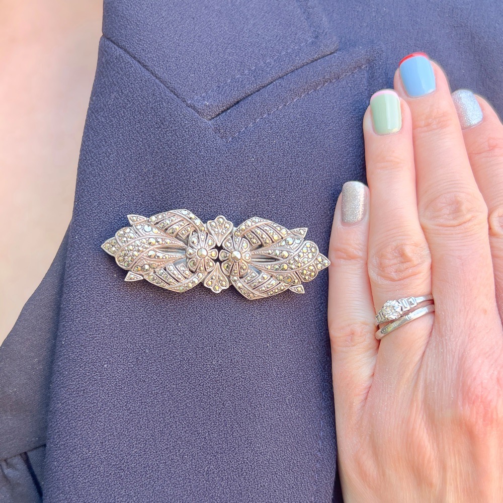 Art Deco 1930s French Marcasite Floral Design Vintage Duette Clip Brooch